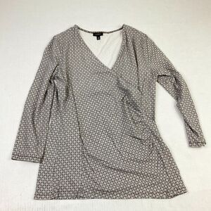 Talbots Womens Faux Wrap Blouse Diamond Print Top 3/4 Sleeve Stretch Shirt XS